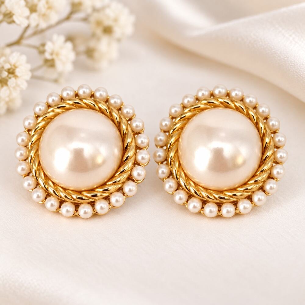 Vintage Richelieu Faux Pearl Clip On Earrings Gold Tone Old Money Statement
